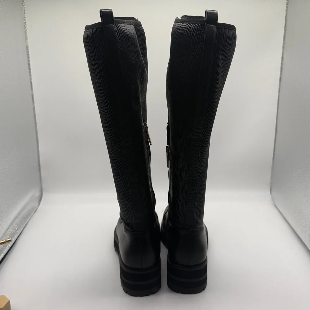 Cecelia New York Gold Chain Lace Knee High Tiny Leather Boot 8.5 Black